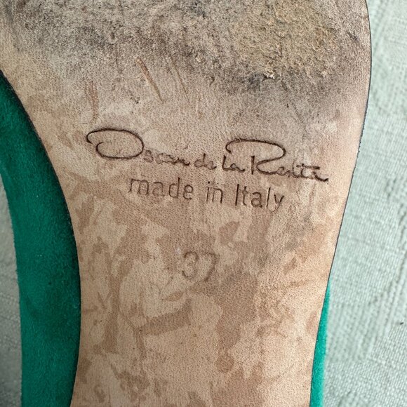 OSCAR De La RENTA Scala Scalloped Suede Green Shoes Pumps w Bow Kitten Heel 37 - Picture 5 of 7